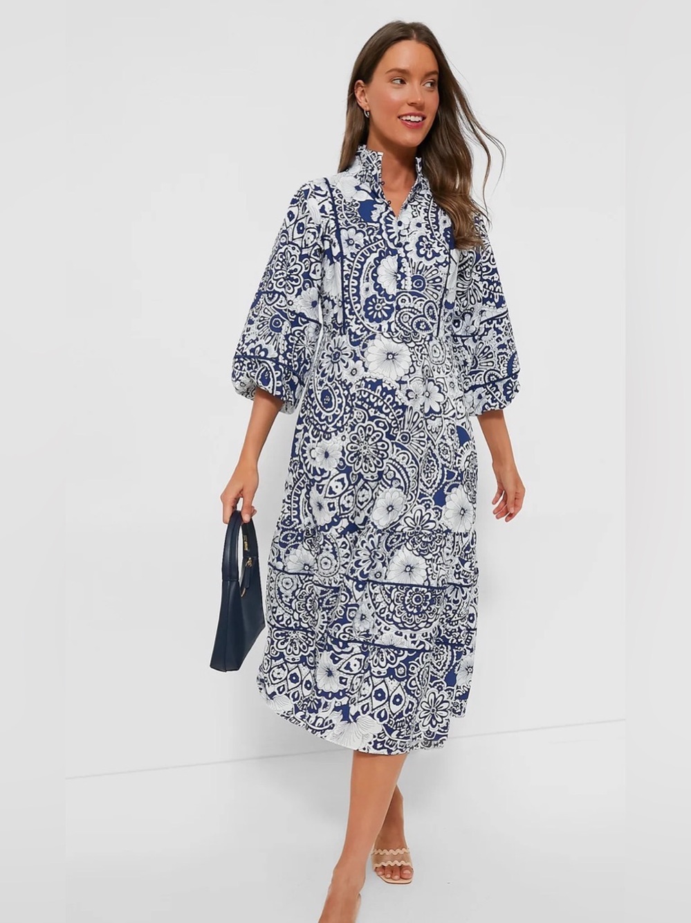 Hyacinth House Hillsborough Midi Dress Blue White Floral Puff Sleeve Size Medium